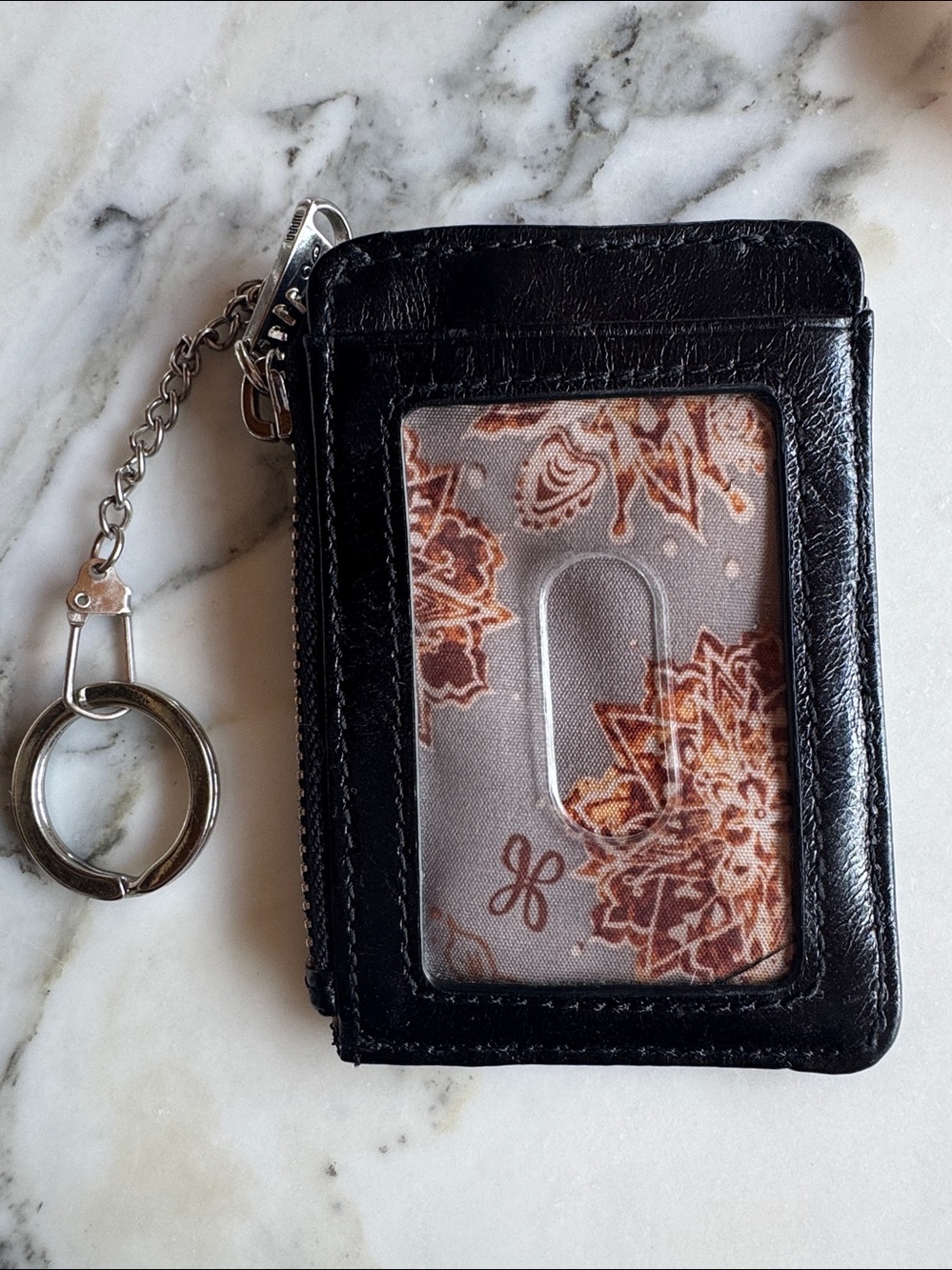 HOBO International Kai Black Leather Zip Card Case Keychain Coin ID Card Wallet